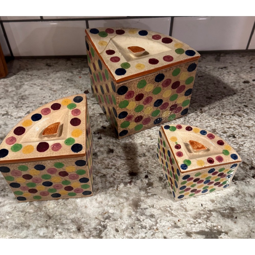 Vintage Revelation Japan Polka Dot Ceramic Wedge Canister Set 3pc Multi-Color